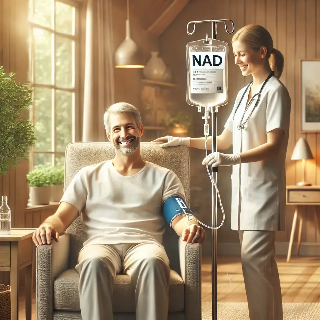 Relaxed person receiving NAD+ IV infusion in a serene wellness setting
