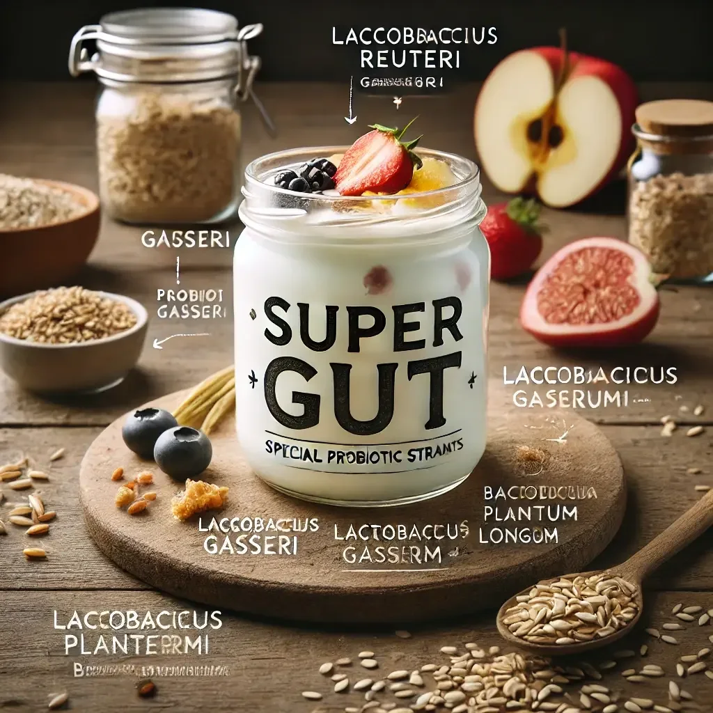 Frasco de yogur Super Gut sobre una mesa de madera durante la fermentación